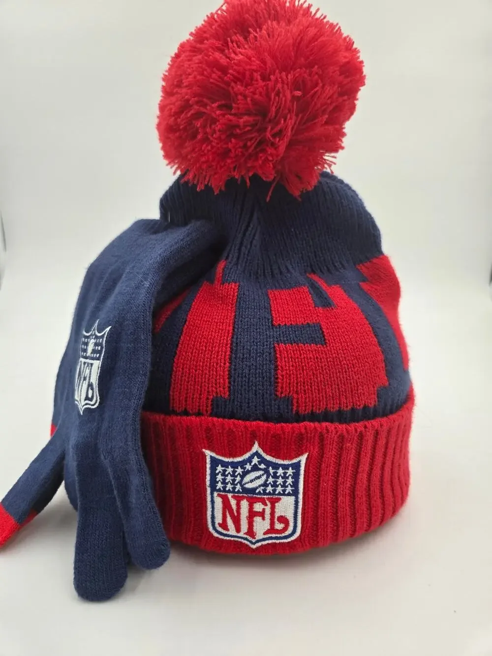 NFL Team Apparel Pom Beanie Hat & Gloves Set Navy Red Winter Knit